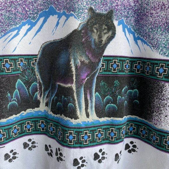 Vintage Sunrise Sportswear Blue Eye Wolf Sweatshirt White Size Large All Over - Picture 4 of 9